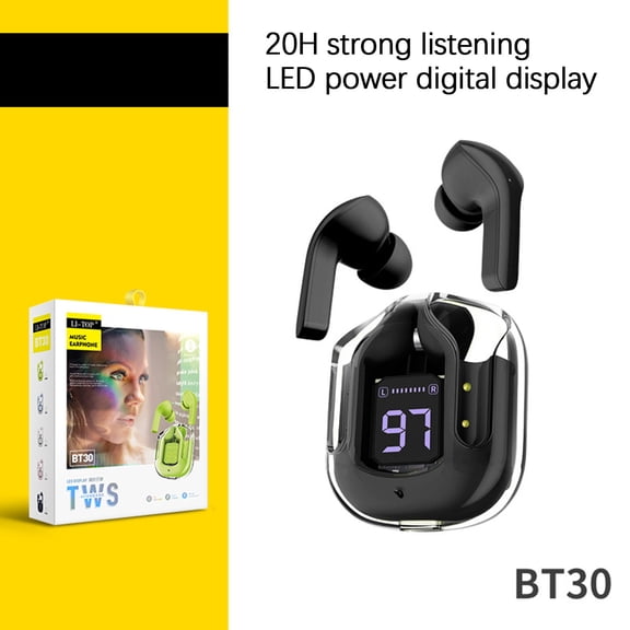 Wireless Bluetooth Earbuds Digital Display, Usupdd BT30 Transparent LED Power Indicator Earbuds, 5.3 Version Noise Cancelling Headset with Charging Case for Daily Use, Black