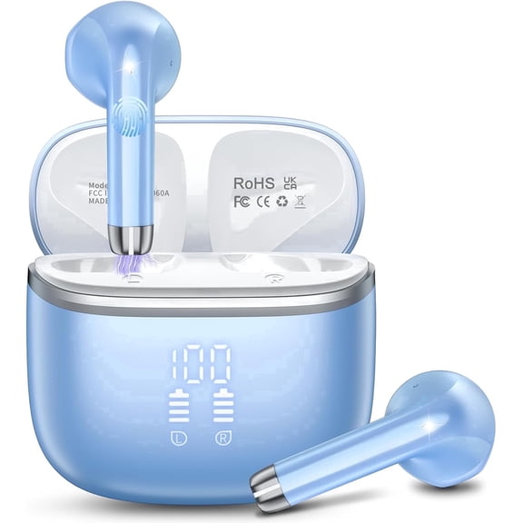 Wireless Bluetooth Earbuds Noise Cancelling in Ear Buds Deep Bass Stereo, 50H Playtime with Mics, LED Display, IPX7 Waterproof Earphones for iphone Android Laptop, Blue