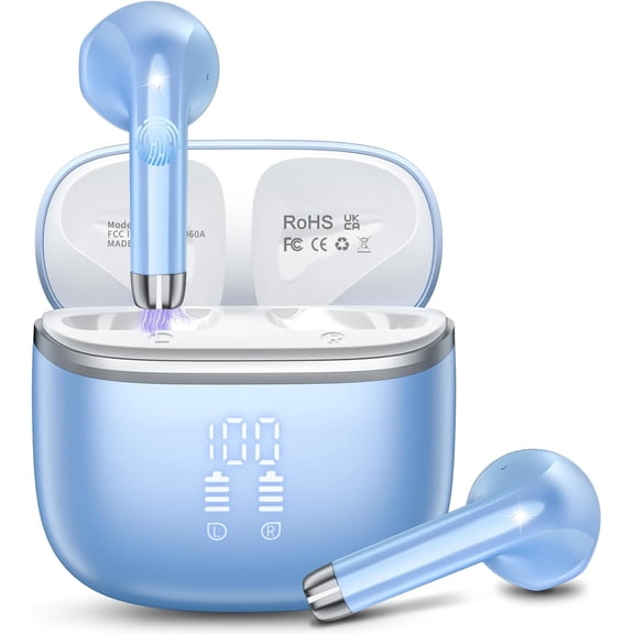 Wireless Bluetooth Earbuds Noise Cancelling in Ear Buds Deep Bass Stereo, 50H Playtime with Mics, LED Display, IPX7 Waterproof Earphones for iphone Android Laptop, Blue