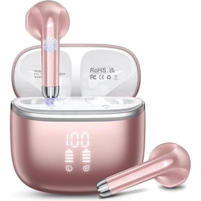 Wireless Bluetooth Earbuds Noise Cancelling in Ear Buds Deep Bass Stereo, 50H Playtime with Mics, LED Display, IPX7 Waterproof Earphones for iphone Android Laptop, Rose Gold