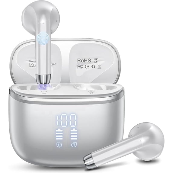 Wireless Bluetooth Earbuds Noise Cancelling in Ear Buds Deep Bass Stereo, 50H Playtime with Mics, LED Display, IPX7 Waterproof Earphones for iphone Android Laptop, Silver