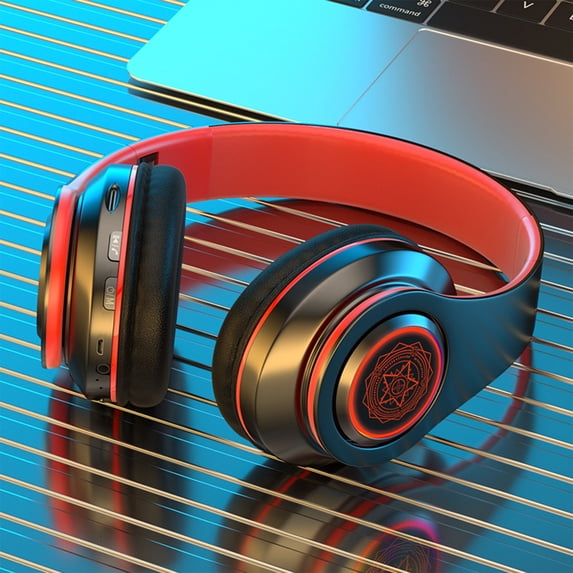 Wireless Bluetooth Earbuds, Over-Ear Foldable Headphones with LED Light, HiFi Stereo Sound, Long Battery Life, Luminous Universal Gift Headset, Black and Red Color End-of-Season Clea-rance Discounts