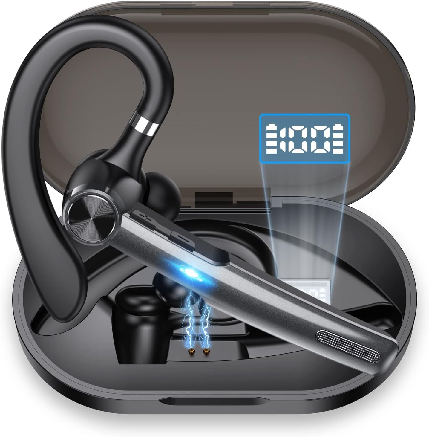 Wireless Bluetooth Earpiece 55H Talk Time, Hands Free Headset with ENC Noise Canceling Mic, Smart Digital Display Charging Case, Single Ear Headset for Driving Work Cell Phone