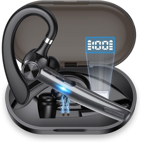 Wireless Bluetooth Earpiece 55H Talk Time, Hands Free Headset with ENC Noise Canceling Mic, Smart Digital Display Charging Case, Single Ear Headset for Driving Work Cell Phone