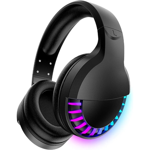 Wireless Bluetooth Headphone with Noise Cancellation HiFi Stereo Sound Mic Deep Bass Protein Earpad Rainbow RGB Backlight Rechageable Over Ear Headset for PC Mac Game Travel Class Home Office(Black)