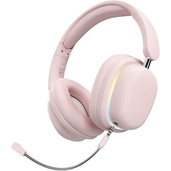 Wireless Bluetooth Headphones, Foldable Over-Ear Headset with Micphone, Stereo Sound Gaming Headphones, Noise Cancelling Headset with RGB Light, Bluetooth Earphones for Travel, Home Office Pink