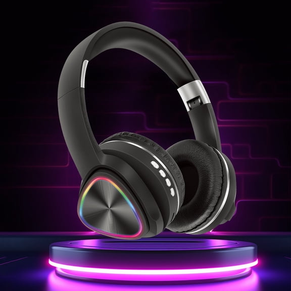 Wireless Bluetooth Headphones with LED Lights Subwoofer, Staron Foldable Stereo Gaming Headset Adjustable Earcups, Portable Sports Headphones for Mobile Computer Long Battery Life, Black