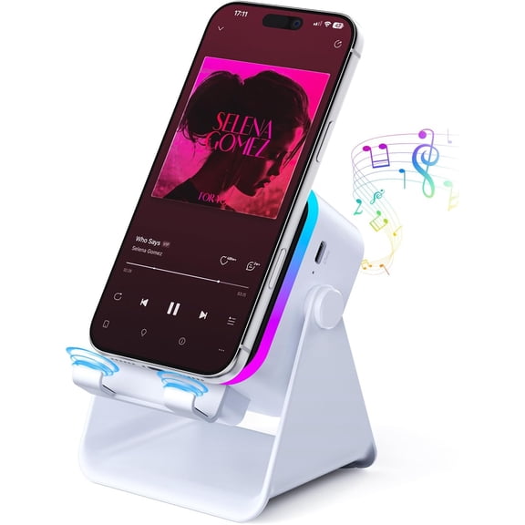 Wireless Bluetooth Induction Speaker, Phone Speaker Amplifier with Colorful Lights & 3500mAh Battery, Portable Phone Stand Compatible with iPhone/iPad/Android/Samsung - White