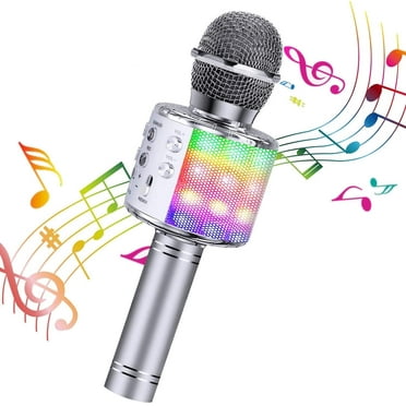 4-in-1 Wireless Bluetooth Karaoke Microphone with LED Lights - Portable Handheld Speaker Player Recorder for Christmas, Birthday, Home Party (Silver)