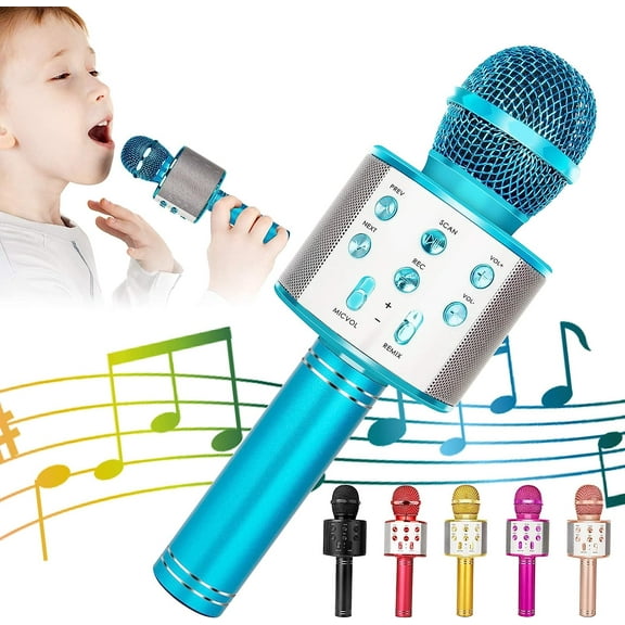 Wireless Bluetooth Karaoke Microphone for Kids, 5-in-1 Portable Handheld Karaoke Mic Speaker Player Recorder with Adjustable Remix FM Radio for Kids Girls Boys Teens Birthday (858-Blue)
