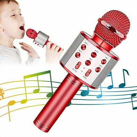Wireless Bluetooth Karaoke Microphone for Kids,5-in-1 Portable Handheld Karaoke Mic Speaker Player Recorder with Adjustable Remix FM Radio for Kids Girls Boys Teens Birthday (Red)