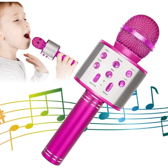 Wireless Bluetooth Karaoke Microphone for Kids, 5-in-1 Portable Handheld Karaoke Mic Speaker Player Recorder with Adjustable Remix FM Radio for Kids Girls Boys Teens Birthday-Hot Pink