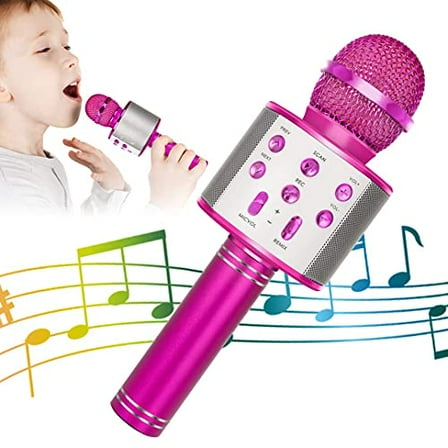 Wireless Bluetooth Karaoke Microphone for Kids,5-in-1 Portable Handheld Karaoke Mic Speaker Player Recorder with Adjustable Remix FM Radio for Kids Girls Boys Teens Birthday-Hot Pink