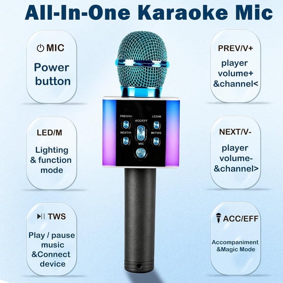 Wireless Bluetooth Karaoke Microphone for Kids & Adults, Singing Mic with Disco Lights, Voice Changer, Built-in Speaker, Portable Karaoke Player for Party & Travel Gifts(Blue)