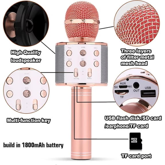 Wireless Bluetooth Karaoke Microphone Portable Handheld Mic Speaker 3-in-1 for All Smartphones Gifts