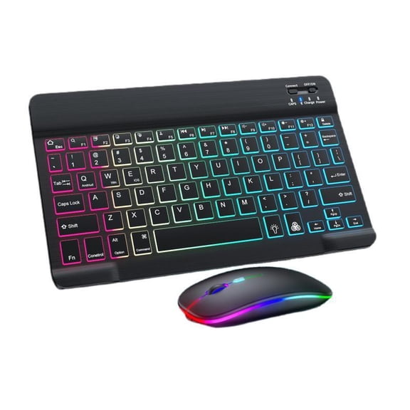 Wireless Bluetooth Keyboard for Tablet Android iOS Windows Mouse Compatible Rainbow Backlit Phone iPad Black