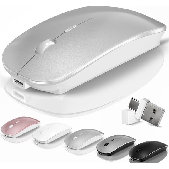 Wireless Bluetooth for Mac Air MacBook Pro Laptop PC Pad Optical Rechargeable Silent with Jiggler Mode Dual Mode Switch Bluetooth 5.2/3.0 and 2.4G USB-A & USB-C Receiver Silvery