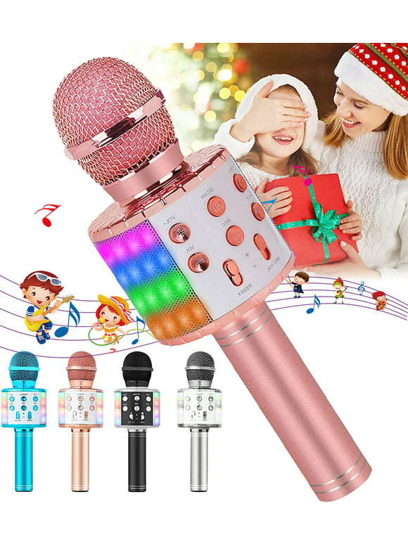 Wireless Bluetooth Microphone, Handheld Karaoke Microphone Toys with LED Lights, Kids Microphone for Home Party Birthday KTV Christmas Gift (Rose Gold)