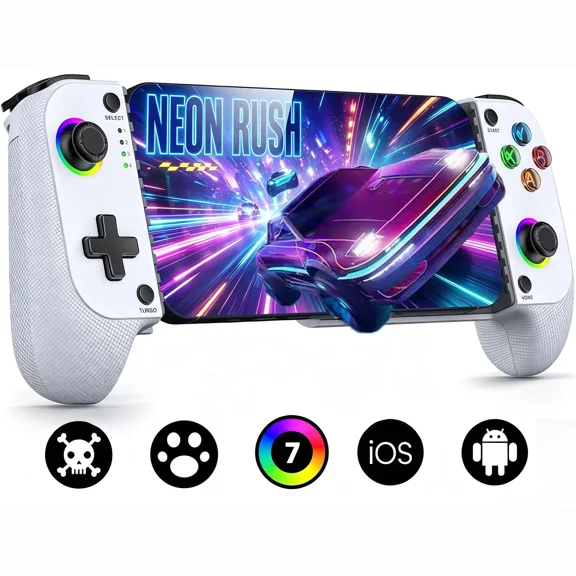 Wireless Bluetooth Mobile Game Controller Gamepad for iPhone, Android, iPad, Hall Effect Joysticks, Low Latency, Case-Friendly, Turbo & RGB for Travel/Leisure