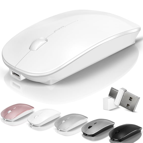 Wireless Bluetooth Mouse for Mac Air MacBook Pro Laptop PC Pad Optical Rechargeable Silent Mouse with Jiggler Mode Dual Mode Switch Bluetooth 5.2/3.0 and 2.4G USB-A & USB-C Receiver White