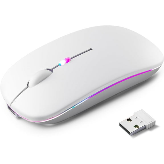 Wireless Bluetooth Mouse, Rechargeable LED Dual Mode Mouse (Bluetooth 5.2 and USB Receiver) Portable Silent Mouse,for Laptop/Desktop/Tablet(White)