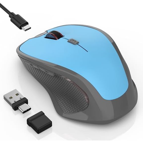 Wireless Bluetooth Mouse for iPad Pro MacBook, Ergonomic Rechargeable Mice with Jiggler Mode, 2-Mode Bluetooth 5.2/3.0 & 2.4G USB-A/USB-C Receiver, Silent Optical Mouse for Mac PC Laptop, Blue