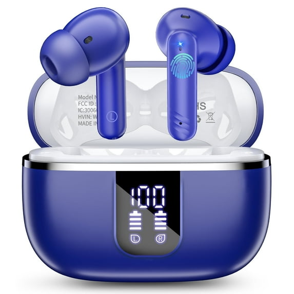 Wireless Bluetooth Noise Cancelling Earbuds with Deep Bass Stereo, 38H Playtime, LED Display, Waterproof in Ear Buds Earphone with Mic for iPhone Android Sports Workout, Blue