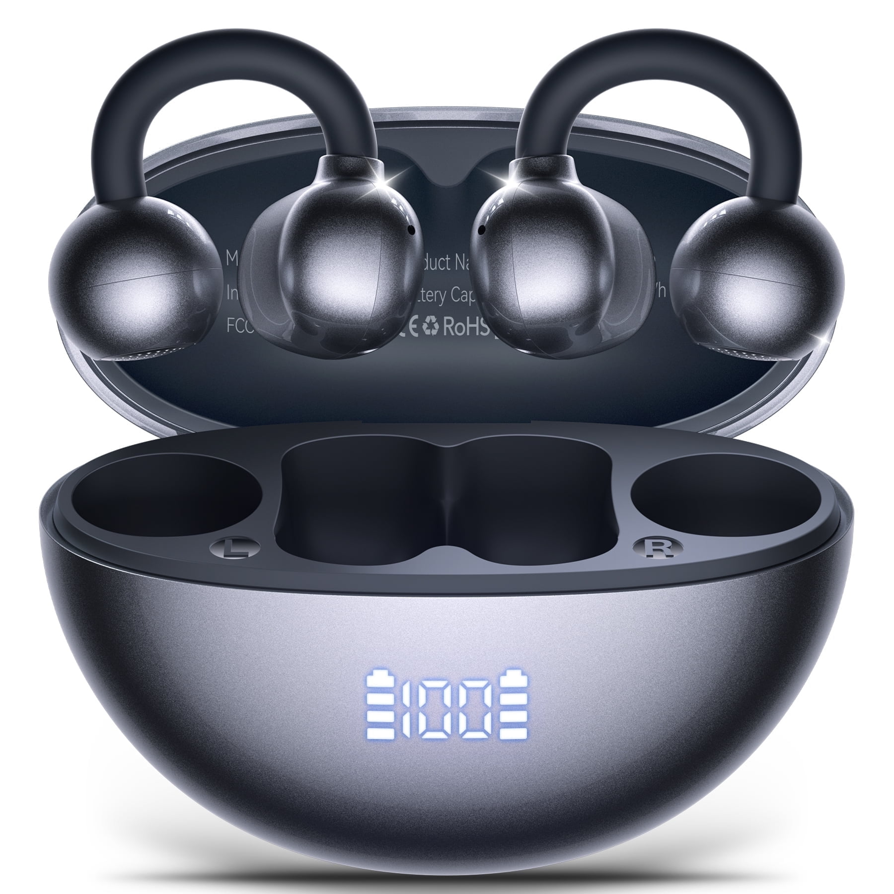 VEATOOL Clip On Earbuds,Bluetooth 5.4 Lightweight Comfort Bone Conduction Open Ear Headphones with LED Digital Display,Noise Cancelling Headphones, IPX7 Suitable for Small Ears and Eyeglass Wearers