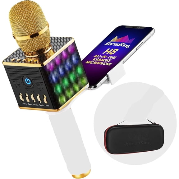 Wireless Bluetooth Portable Karaoke Microphone with Built-In Speaker, Phone Holder and Carry Case for Kids and Adults - Rechargeable Microphone with USB and AUX Compatibility in Yellow Gold Color