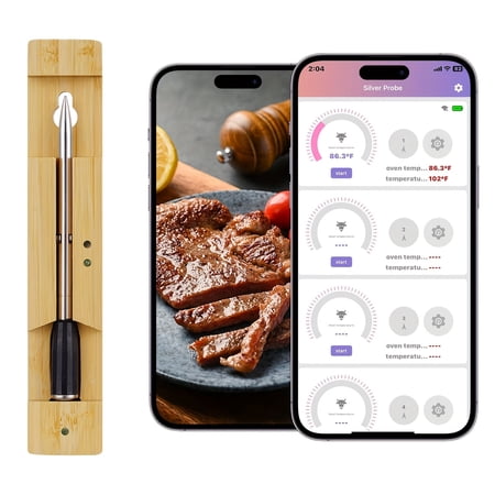 Wireless Bluetooth Smart Digital Meat Thermometer Bamboo Housing Stainless Steel Probe Suitable for Oven, BBQ, Kitchen Cooking, Steak, Chicken Food Thermometer