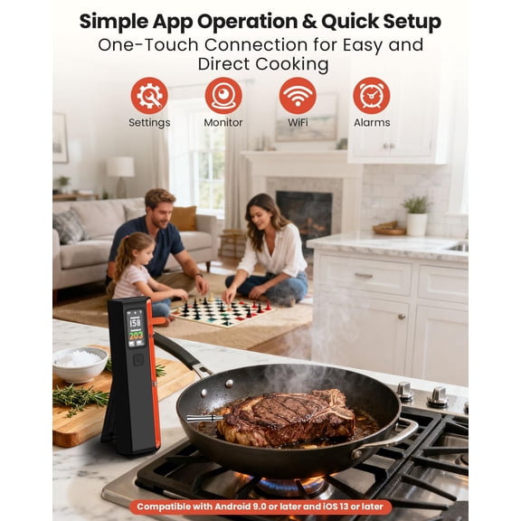 Wireless Bluetooth Smart Meat Thermometer: 0.5 F Accuracy, 1 Probe with 6 Sensors - WiFi Digital Thermometer with LED Base, NIST Certified Accuracy, Long-Range for BBQ, Grill, Smoker, Oven