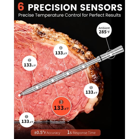 Wireless Bluetooth Smart Meat Thermometer - WiFi Unlimited Range, 1 Ultra-Thin Probe, 6 Sensors with NIST Certified Accuracy, for BBQ, Grill, Oven, Smoker, Rotisserie - iOS & Android App