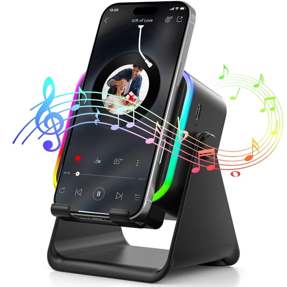 Wireless Bluetooth Speaker with Phone Stand, 5-in-1 Rechargeable 3000mAh Battery, Foldable 300 Adjustable Holder, Ambient Light, Portable Audio Dock for iPhone, Android, Tablet, Home or Travel
