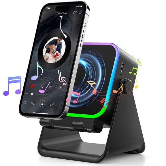 Wireless Induction Speaker, 6 in 1 Cell Phone Stand with Bluetooth Speaker, HD Stereo Sound, 5000mAh Rechargeable, Colorful Ambient Light, Compatible with Iphone/Android/Ipad, Gifts for Men Women