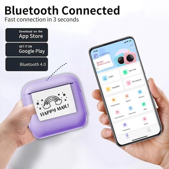 Wireless Bluetooth Thermal Label Printer | Portable Inkless Barcode Printer | 200DPI Precision | 57mm Paper Width | WalkPrint App | Beige/Purple/Green | Home & Office Use