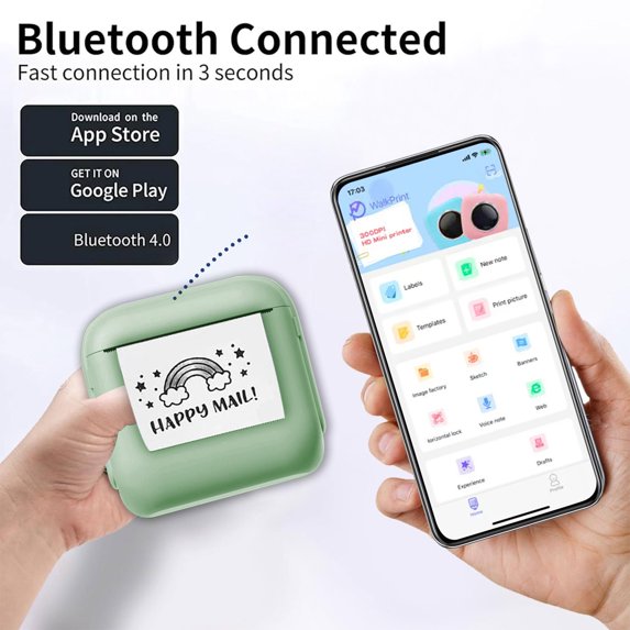 Wireless Bluetooth Thermal Label Printer | Portable Inkless Barcode Printer | 200DPI Precision | 57mm Paper Width | WalkPrint App | Beige/Purple/Green | Home & Office Use