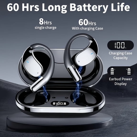 Wireless Bone Conduction Earphones, Open-Ear Bluetooth 5.4 with 80H Playtime, Stereo Bass, Noise Cancelling Mic, LED Display for Sports Android iOS Huawei Xiaomi