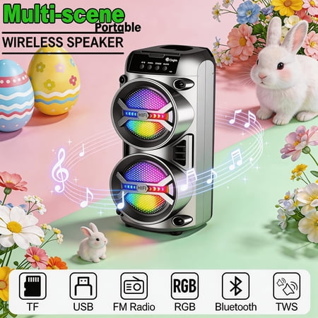 Wireless Boombox with Subwoofer & RGB Lights, Rich Bass, TWS Pairing, TF/USB Playback, Long Battery Life for Home Parties