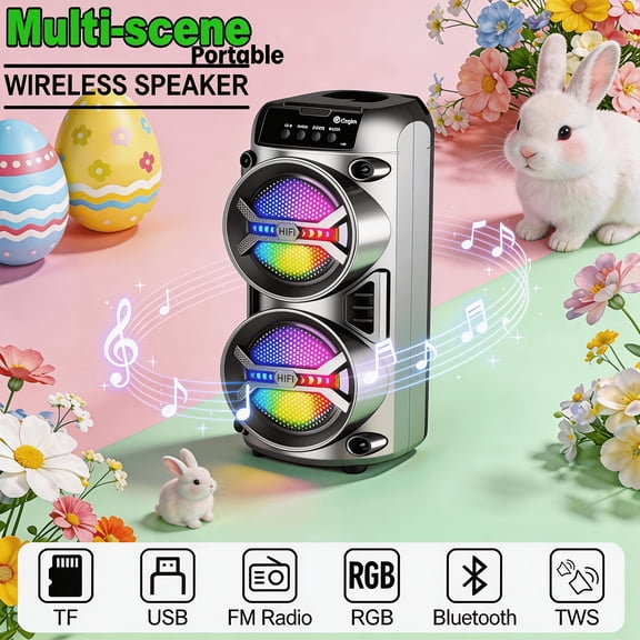 Wireless Boombox with Subwoofer & RGB Lights, Rich Bass, TWS Pairing, TF/USB Playback, Long Battery Life for Home Parties