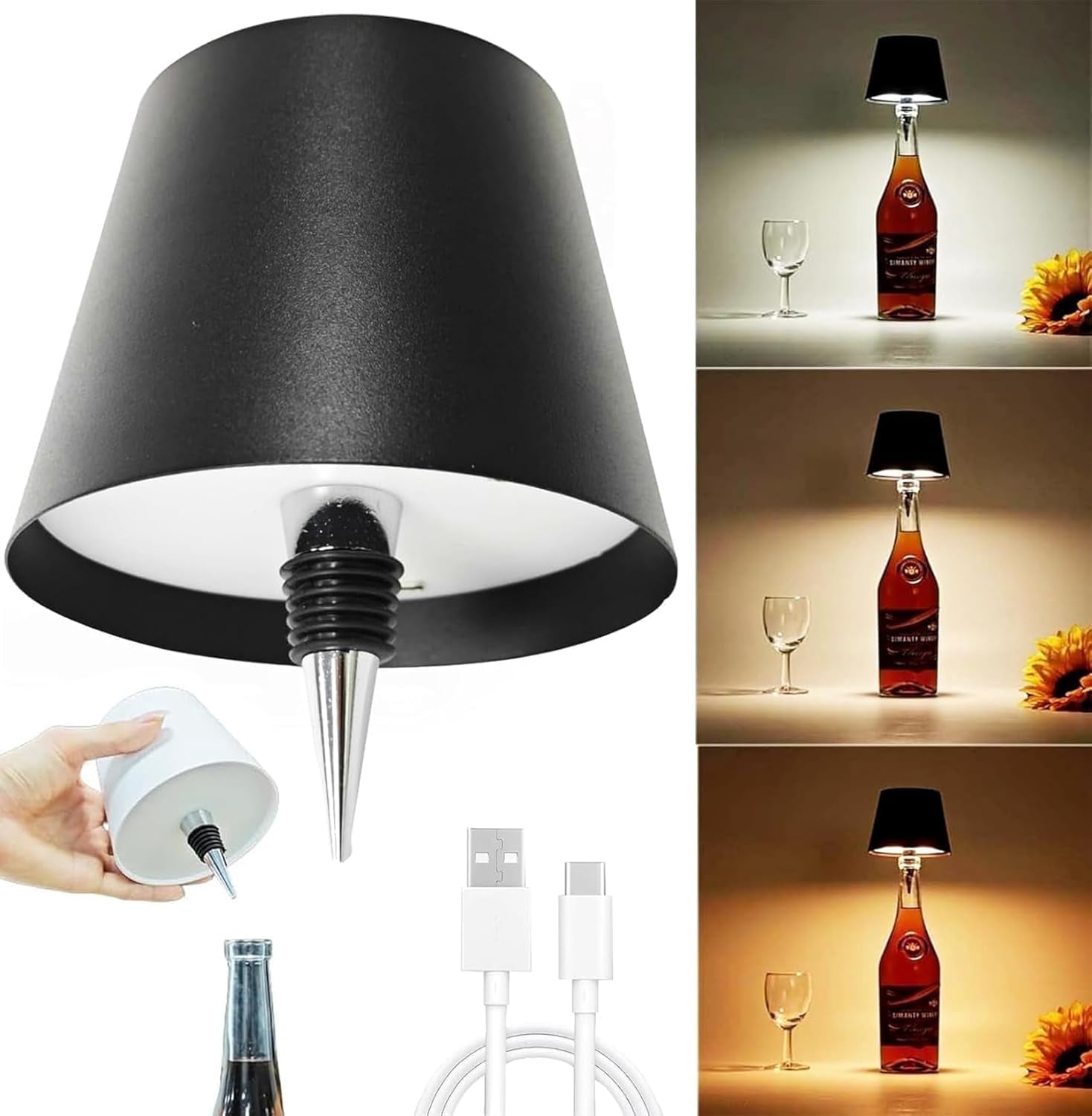 FoikYoik Wireless Bottle Lamp, 3 Color Wireless LED Wine Table Lamp,Touch Control Portable Rechargeable Desk Lamp Living/Bedroom/Restaurant/Bar(Black)