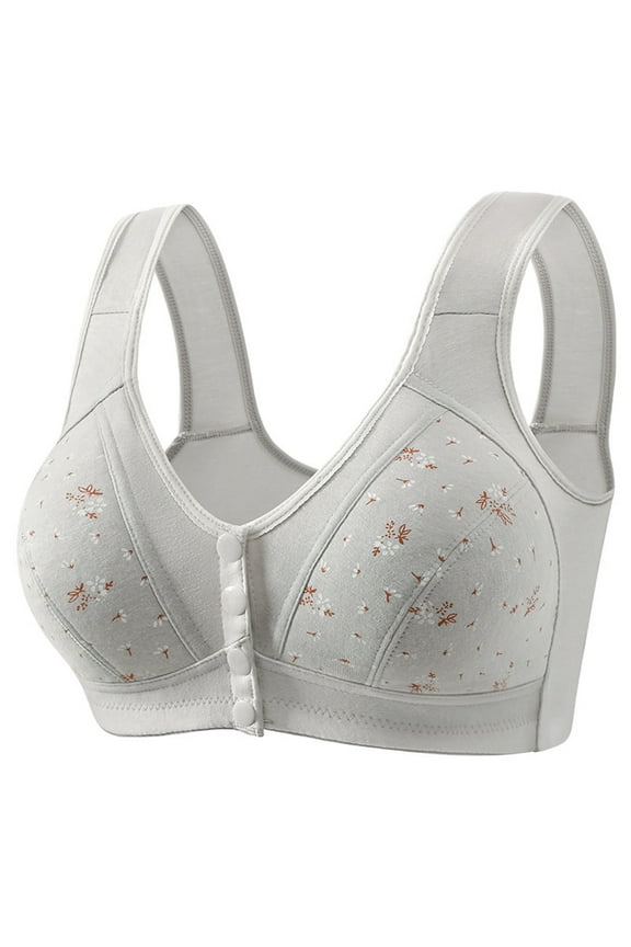 Wireless Bra For Seniors Button Front Clousre Push Up Bras Older Womens Floral Full Coverage Bralette Underwear, 38BC Gray
