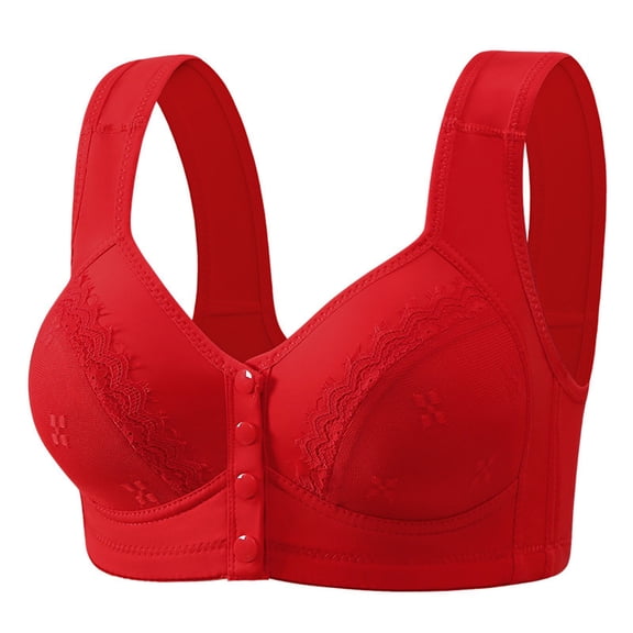 Wireless Bras Plus Size, Xunlbb Women's Fixed Cup Front Button Bra Women's Plus Size No Steel Ring Bra Thin Cut Perforated Cup Breathable Bra(Red,38)