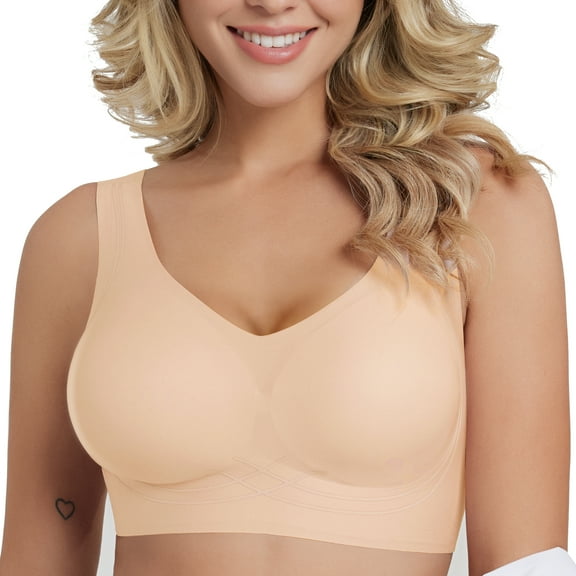 Wireless Bras for Women Plus Size Push up Sports Bra Seamless Full Coverage Soft Sleep Wirefree Bra Comfort V Neck Bra No Underwire Everyday Bras, Nude