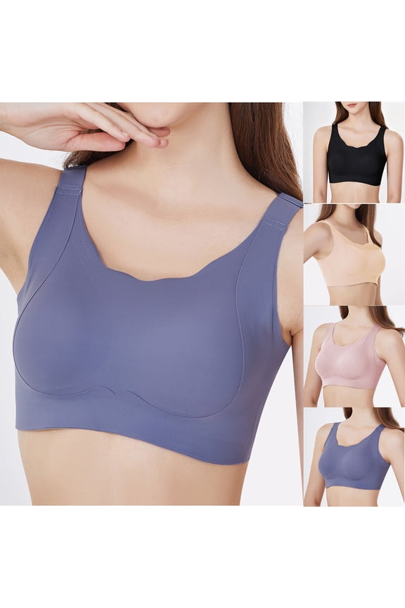 Wireless Bras for Women, Plus Size Solid Color Round Neck Wireless Bra, Cloud Edge Wide Shoulder Strap Comfort Underwear for Shopping | TruHer,Black M
