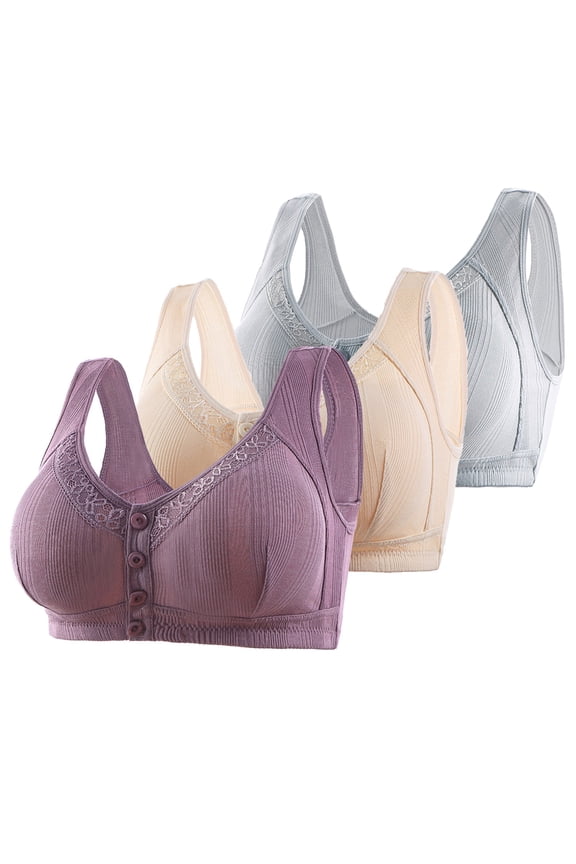 Wireless Bras for Women Support 3 Pack Wireless Cotton Bras for Older Women Front Closure High Support No Underwire Full Coverage Push up Bras Front Snaps Seniors Lace Everyday Bras Beige 44