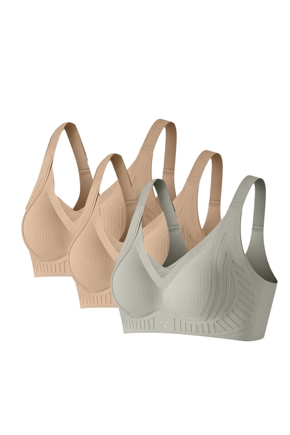 Wireless Bras for Women 3 Pack Comfort Everyday Seamless Bralette Ribbed Lounge & Sleep Bra Coffee Nude B Cup Sizes M-XXXL,Size M