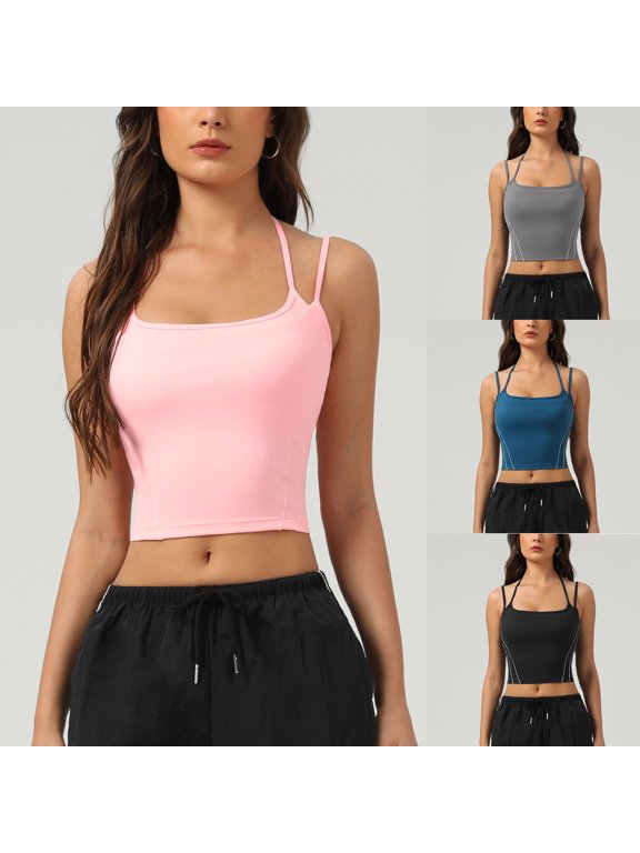 Wireless Bras for Women, Elastic Snug Fit Wireless Workout Top, Double Thin Strap Contrast Crop Cami for Yoga Training | TruHer,Black L
