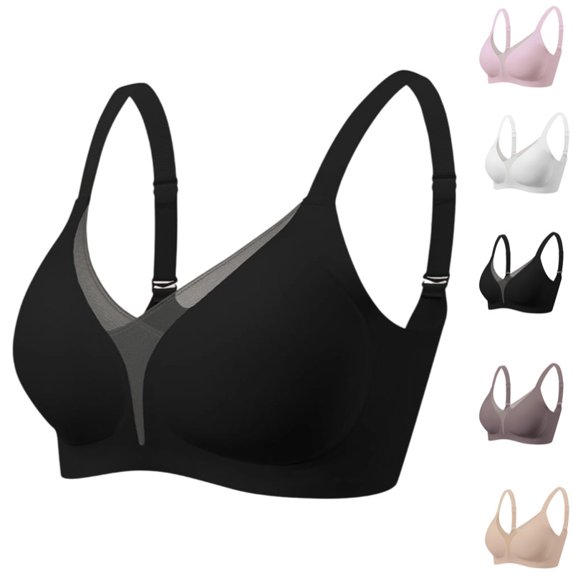 Wireless Bras for Women Full Coverage, Seamless Support Bra, Comfort T-Shirt Bra with V Mesh Neck Black 38