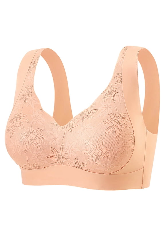 Wireless Bras for Women Lace Full Coverage Side Support Bra Plus Size Bralettes Beige 2XL