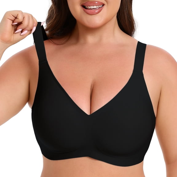 Roszoe Wireless Bra, No Underwire Seamless Full Coverage Bra, Comfortable Supportive Tshirt Bralette for Women, Plus Size（Black-L)